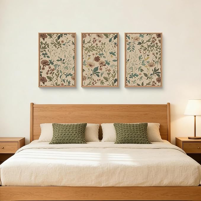 Large Retro Boho Floral Framed Canvas Wall Art Set,Vintage Neutral Wildflower Wall Decor,Abstract Mid Century Antique Flower Botanical Artwork for Living Room,Bedroom,Farmhouse- 24"x36"x3