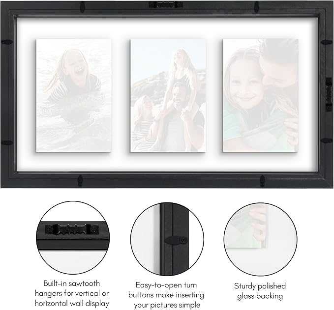 Americanflat 4x6 Collage Picture Frame with Shatter-Resistant Glass - Fits Three 4x6 Photos or use as One 9x17 Frame - Signature Collection - Collage Frames with Floating Effect - Black