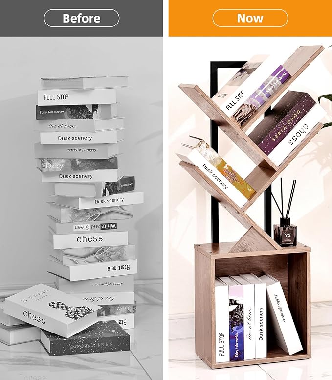 Tree Bookshelf Bookcase with Storage Cabinet, 4-Tier Modern Corner Bookshelves, Narrow Wood Book Rack, Mini Floor Standing Book Organizer for Kid Room, Bedroom, Living Room, Home Office, CD/DVD
