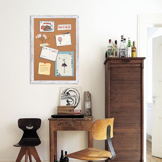 Cork Board Bulletin Board, 30" x 20" Rustic White Wooden Frame Corkboard for Wall, Hanging Vision Board, Pin Board for Home Room Dorm Office Decor