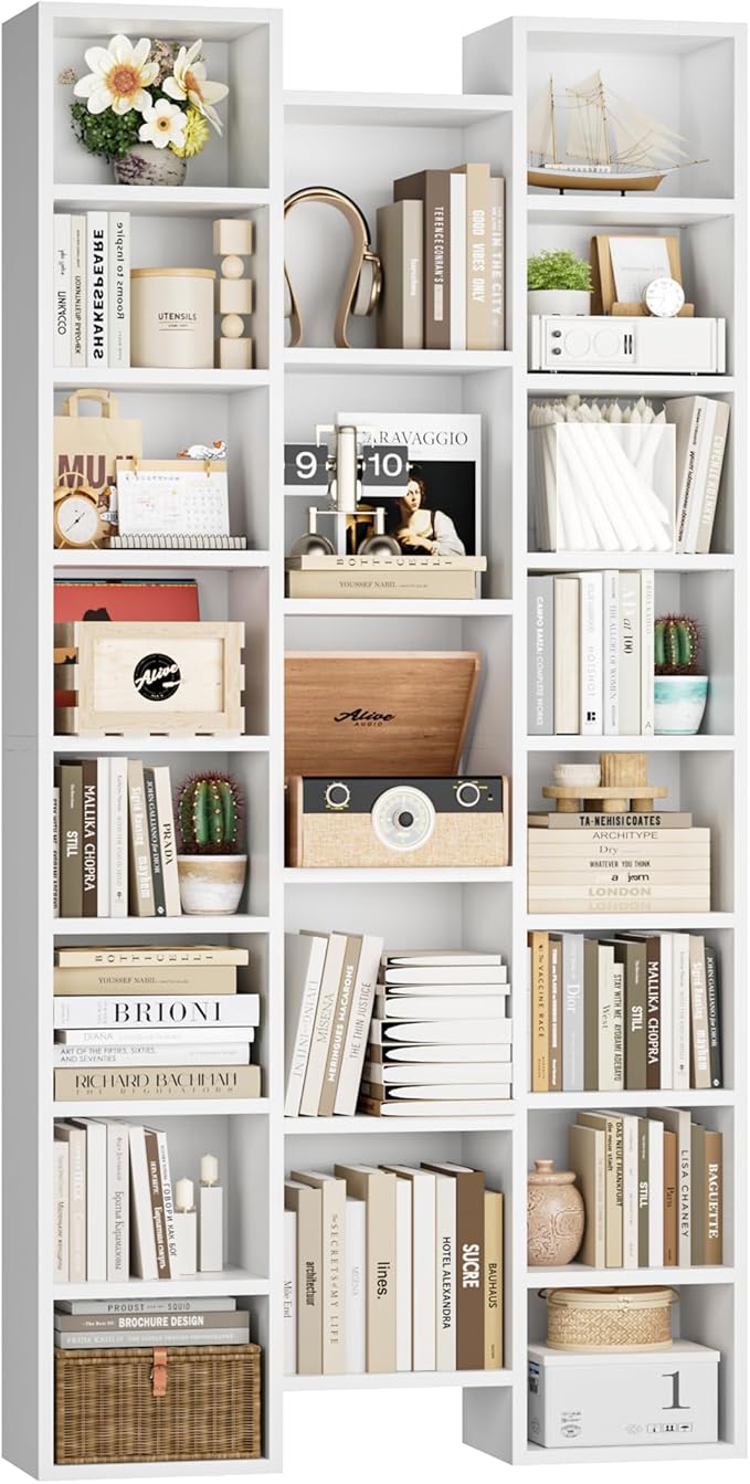 FOTOSOK 71'' White Bookshelf with 21 Cubes, 8 Tier Triple Wide Tall Bookshelf with 8 Adjustable Shelves, 35" Large Bookcase DVD/CD Media Tower Storage, Freestanding Display Shelf Cabinet, White