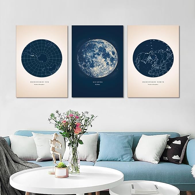 Canvas Wall Art Set Of 3 - Navy Blue Astronomy Prints Star Map Painting Constellation Poster Moon Picture Wall Decor Star Map Artwork for Bedroom Living Room Home Office Decor, Framed 20"x28"x3Pcs