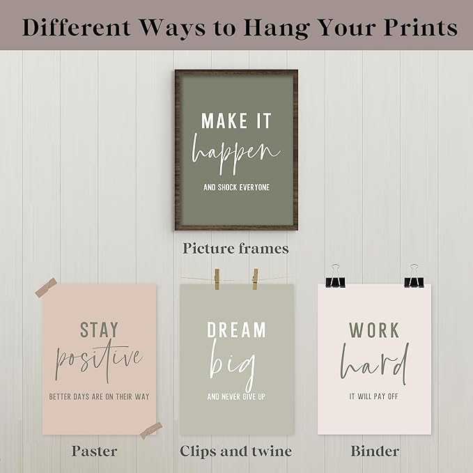 QLMX Office Inspirational Wall Art Prints Set of 4, Boho Motivational Make It Happen Stay Postive Prints Wall Decor for Office, Positive Quotes Poster for Home 12”x16” Unframed