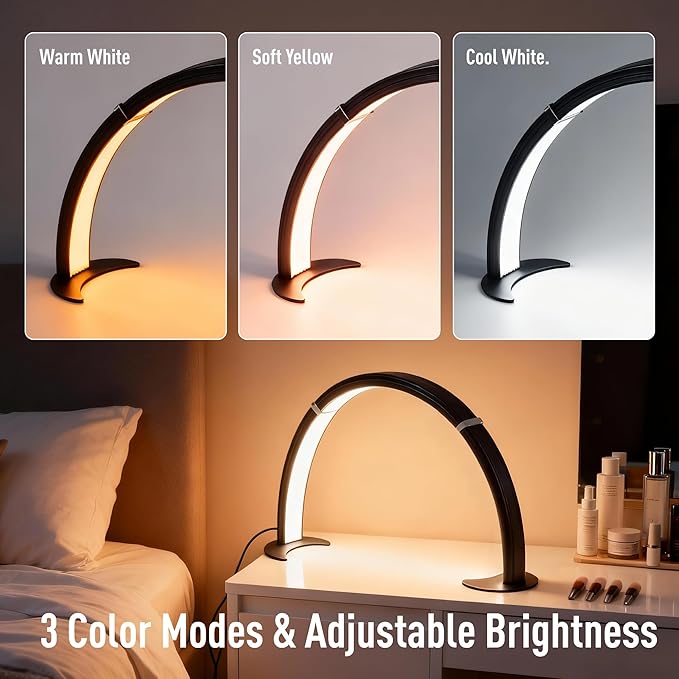 NOVAL Half Moon Desk Lamp with Phone Holder – Shadow-Free Lighting & Adjustable 3-Color Brightness, Detachable LED Nail Light for Salon Manicure Table, Black
