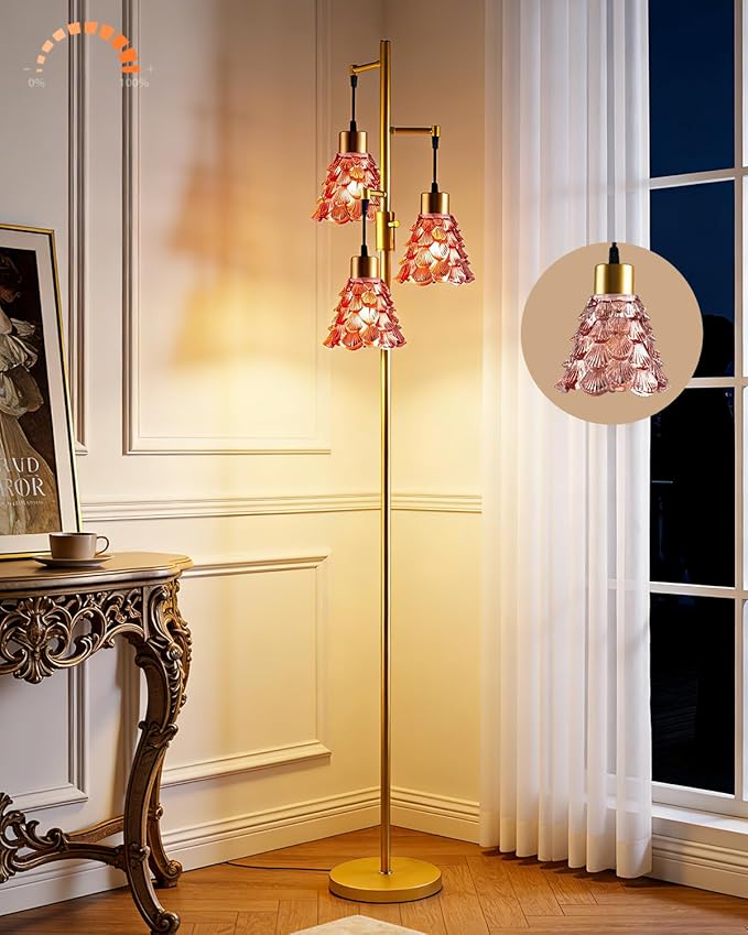 Lightdot 65" Glass Floor Lamps for Living Room, 3-Light Dimmable Floor Lamp with Rose Red Glass Shade& E12 Bulbs Included, Mid Century Standing Tall Lamp for Bedroom/Sofa Beside/Corner Decor-Gold