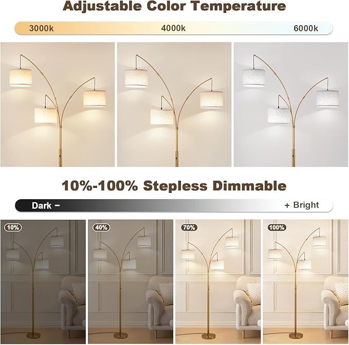 Netin Gold Floor Lamp, Arc Floor Lamps for Living Room Bright Lighting, 3 Light Dimmable Floor Lamp with Remote Control, 3 Color Temperature, Tree Floor Lamp for Bedroom Office