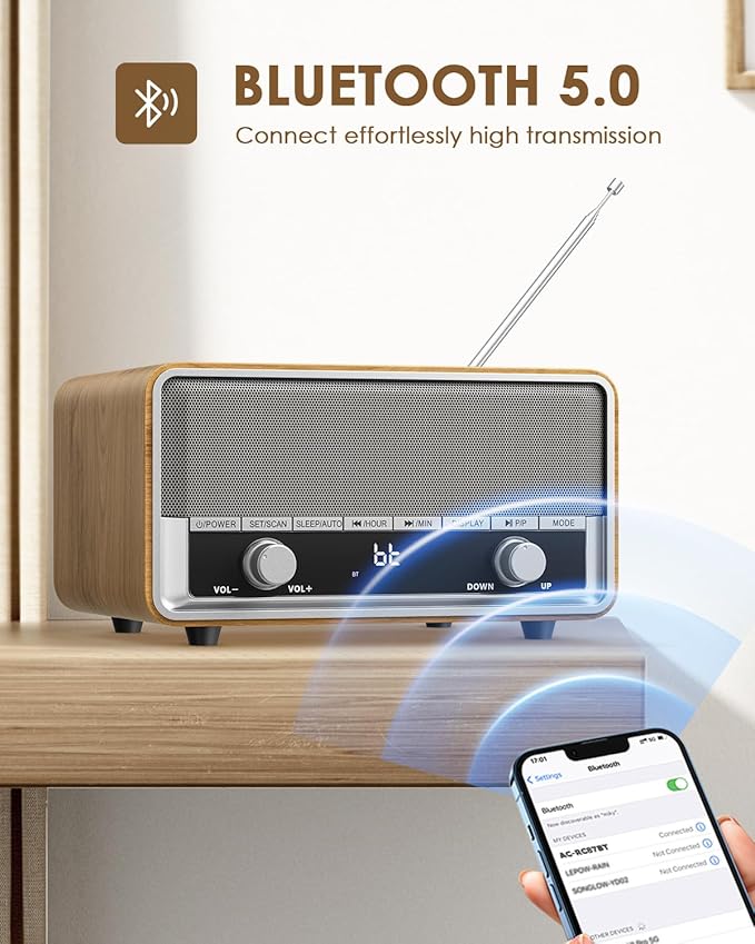 Vintage Wood AM FM Bluetooth Radio with Clock, Digital Clock Radio for Bedroom with LCD Display | 40 Presets | Sleep Timer | No Alarm, Retro Bluetooth Speaker for Office, Kitchen (Light Walnut)