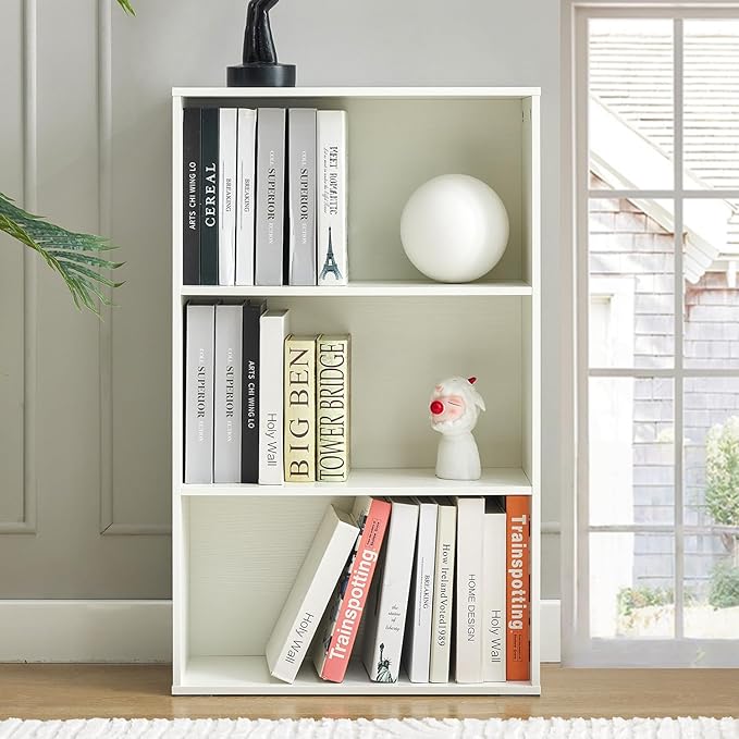 Tall Bookshelves, Office Storage Cabinets and Bookshelf, 3-Tier Wooden Bookcase with Storage, Floor Standing Display Cabinet Shelves for Living Room, Home Office, White