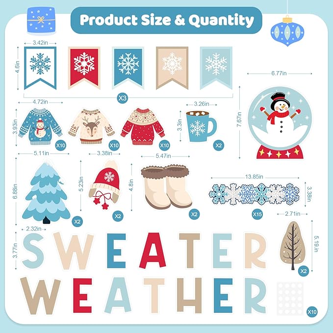 95Pcs Winter Bulletin Board Decoration Set Christmas Sweater Weather Classroom Decoration Kit Snowmen Snowflake Border DIY Photo for Home School Office Wall Door (Sweater)