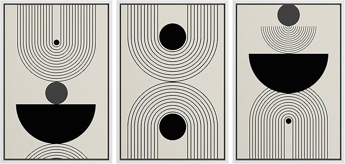 IDEA4WALL Framed Canvas Print Wall Art Set Geometric Dark Circle Striped Polygon Collage Abstract Shapes Illustrations Modern Art Decorative Nordic for Living Room, Bedroom, Office - 24"x36"x3 White