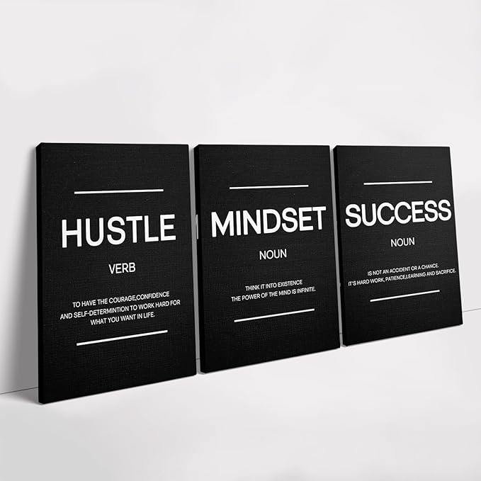 Hustle Wall Art Motivational Wall Decor Inspirational Mindset Quotes Pictures Posters 3 Pieces Framed Canvas Wall Art Prints Success Goal Artwork Home Office Wall Decor Ready to Hang