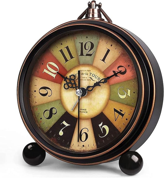 Vintage Analog Alarm Clock, 5.25 inch Small Silent Desk Clock with Night Light, Battery Operated for Table, Bedroom, Bedside, Living Room, Gift Clock (Tuscan Style)