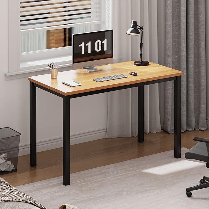 Need 39 Inch Small Computer Desk, Modern Simple Style Writing Desk for Home Office, Basic PC Work Desk with Black Metal Frame, Teak