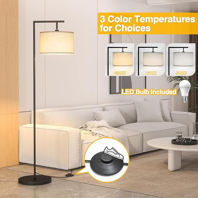 Floor Lamp for Living Room with 3 Color Temperatures Standing Lamp with Adjustable Beige Linen Lampshade Tall Lamps for Bedroom Office Classroom Dorm Room, 9W LED Bulb Included, Black
