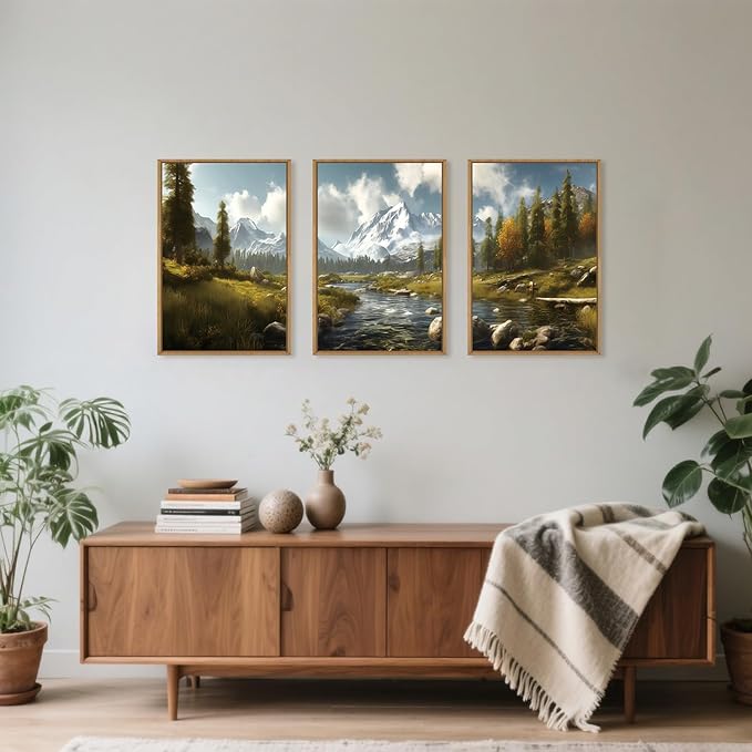 Watercolor Sage Green Mountain Woodland Framed Canvas Wall Art Set,Modern Wilderness River Grassland Wall Decor,Natural Rustic Forest Landscape Artwork for Living Room,Farmhouse- 24"x36"x3