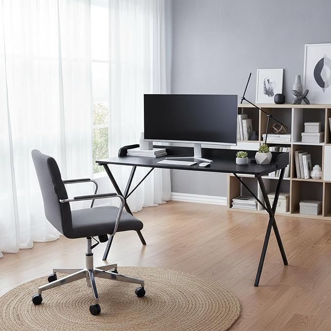 Homy Casa Modern Black Computer Desk with X-Frame Metal Legs, 47.2" x 19.7" Writing Table, Raised Edge, Minimalist Home Office Workstation