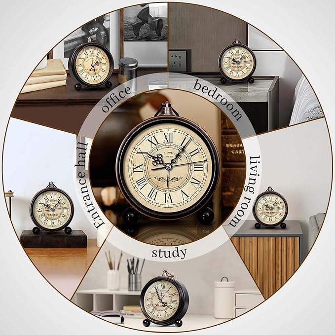 Vintage Analog Alarm Clock, 4.3" Silent Non-Ticking Quartz Desk Clock with Roman Numerals, Battery Operated Table Clock for Bedroom, Living Room, Office, or Gift (White)