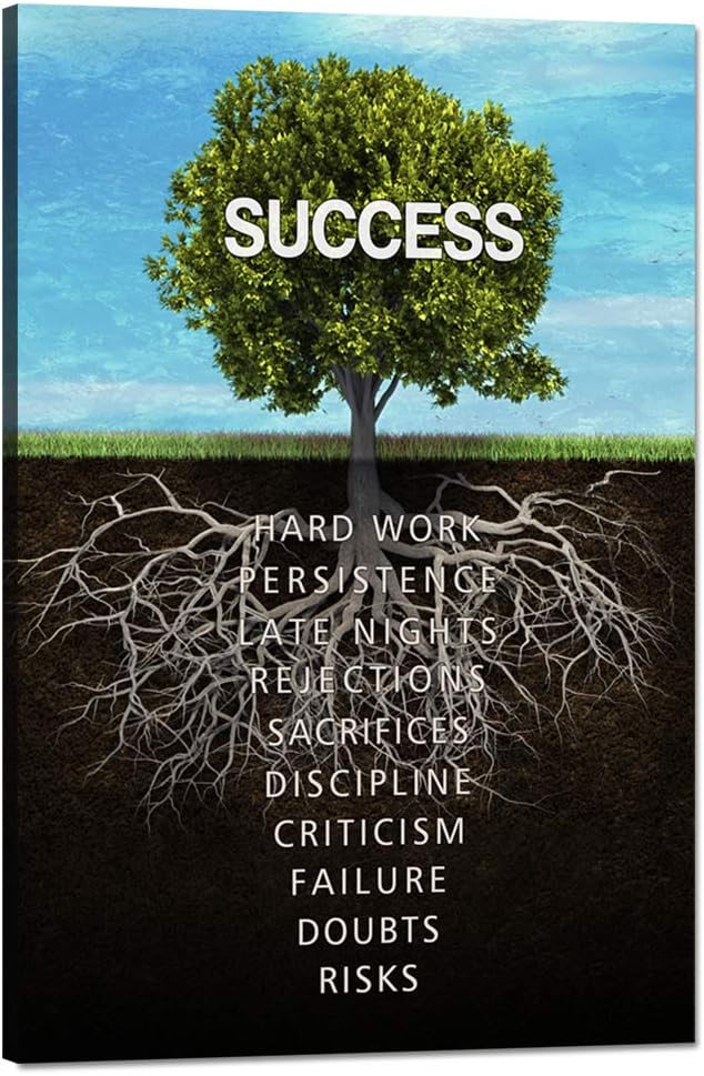 Success Tree Wall Art Inspirational Painting on Canvas Motivation Entrepreneur Quotes Pictures Posters and Prints Artwork Modern Inspirng Office Decor Living Room Gym Decorations Framed (12x16 in)