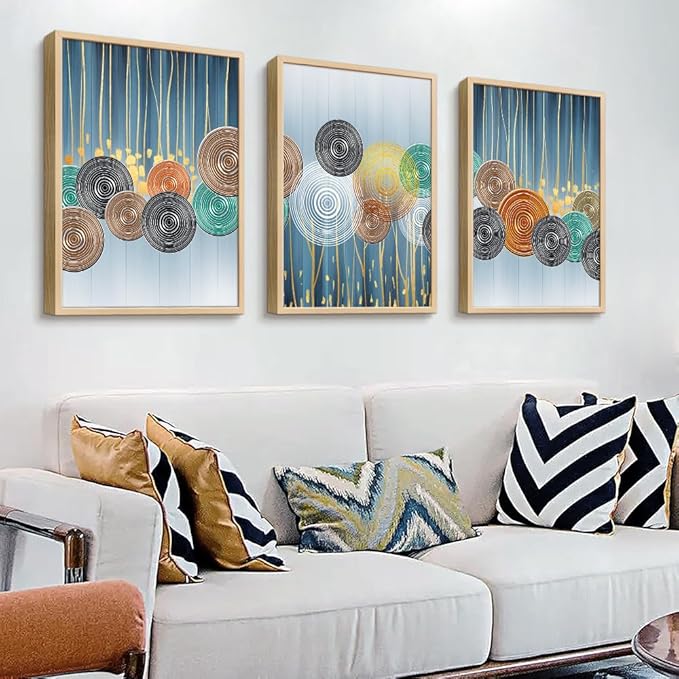 Natural Wood Framed Art Set - Boho & Abstract Styles, Perfect for Living Room, Bedroom, Office - 3 Large Size Prints