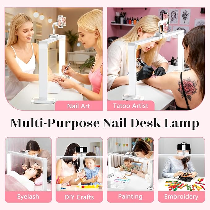 Yokilly 48W Half Moon Light: 34" Shadow-Free Half Moon Light for Desk Salon - Foldable LED Desk Lamp with Stepless Brightness 3000K-6500K for Manicurist Nail Tech (White, Large)
