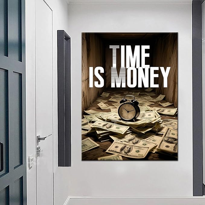 Motivational Wall Decor Time is Money Positive Canvas Poster Picture Inspirational Entrepreneur Quotes Painting Print for Modern Home Living Room Gym Office Framed Stretched and Framed [30''Wx 40''H]
