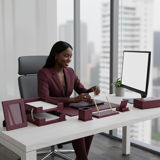 Desk Set,15-Piece Leather Desk Organizer Set, Executive Office Accessories with Desk Pad & Blotter, 2-Tier Tray, Pen Holder & More, Professional Office Desk Decor & Gift Set (Burgundy)