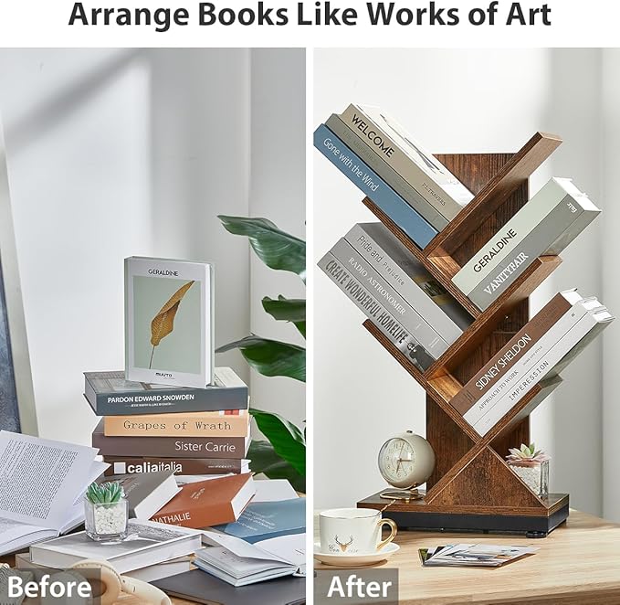ruboka Tree Bookshelf,Retro Floor Standing Bookcase Display for CDs/Magazine/Books,Small Bookshelf for Bedroom,Living Room,Office,Balcony,Brown Storage Shelves (Brown, 5 Tier)