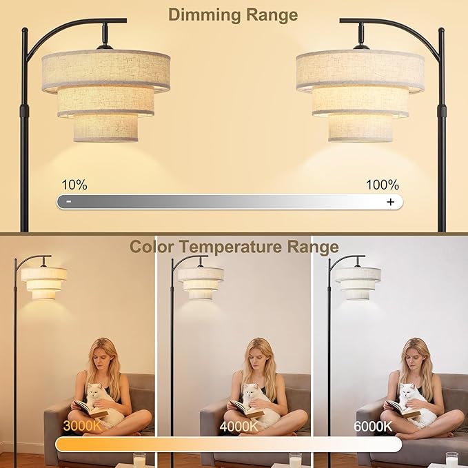 Dimmable Floor Lamp with Remote Control,Arc Fabric Tall Floor Lamp with 3-Color Temperatures Remote & Dimmable 9W Bulb,Standing Lamp with Fabric Shade for Living Room Bedroom Dining Room Hotel