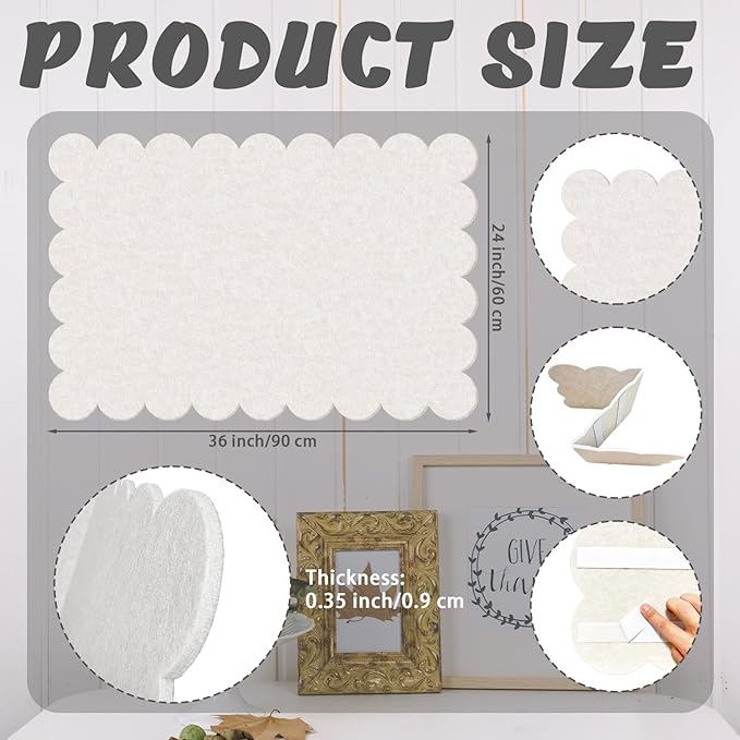Beige Scalloped Felt Bulletin Board - 36 x 24 Inches Large Felt Board Foldable Cork Board Alternative Photo Board Self-Adhesive Vision Board Decorative Pin Board for Wall
