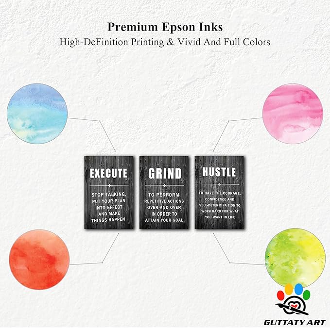 Office Wall Art - 3 Panel Motivational Wall Art, Inspirational Quotes Canvas Art for Home Office Wall Decor, Positive Quotes Wall Decor, Entrepreneur Grind Hustle Execution Poster Frame (12”x24”x3Pcs)