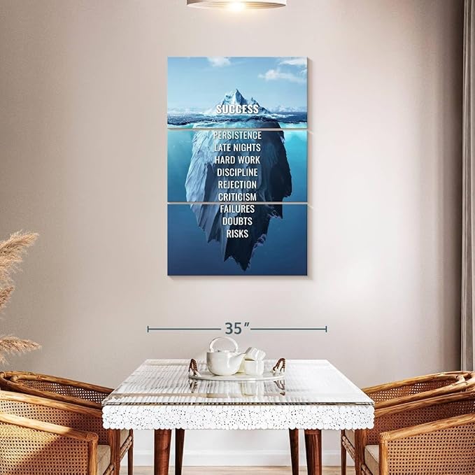 Elephant Stock - Success Typography Wall Art - Vertical Multi Panel Canvas - 3 Piece Living Room Wall Decor - Digital Art Inspirational And Typography Multi Piece Wall Art - Blue And White Decor - 28" x 45"