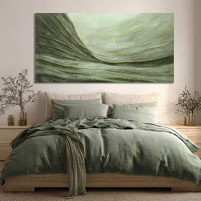 MLART99 Oversized Green and Gold Abstract Wall Art 29x58 Inch Modern Canvas Painting Minimalist Large Artwork for Living Room Bedroom Office Above Sofa Home Decoration