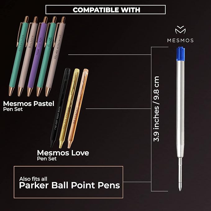 MESMOS 6 Pack 3.9 inch (9.8cm) Pen Refills Ballpoint Blue Ink, Compatible with Ballpoint Parker Pen, Replacement Ink Refills, 1.0mm Smooth Writing Medium Tip, Cartridge (Blue)