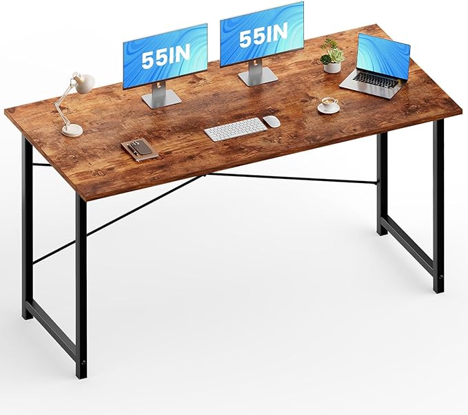 Sweetcrispy Small Computer Desk,55 Inch Office Writing Work Desk with Metal Frame Wooden Tabletop, Student Study Home Bedroom Table with X-Shaped Reinforcement, Brown