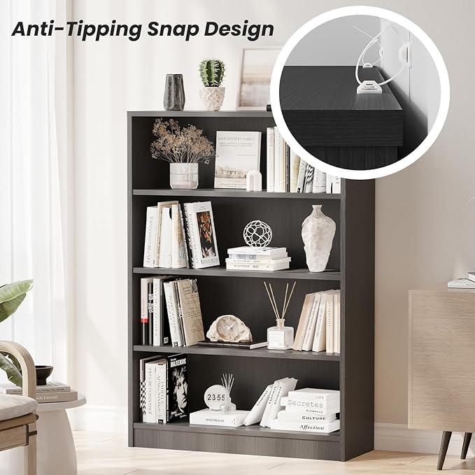 Bookcase Adjustable Storage Shelves,4-Tier Modern Wood Bookcase for Bedroom,48-Inch Bookshelf, Office, Living Room & Library(Crey)