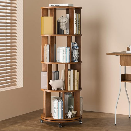 Rotating Bookshelf, 4 Tier Solid Wood Bookshelf Tower with Lockable Wheels, 360° Spinning Revolving Bookcase for Small Spaces, Corners, Bedroom, Kids Room, Home Office, Walnut