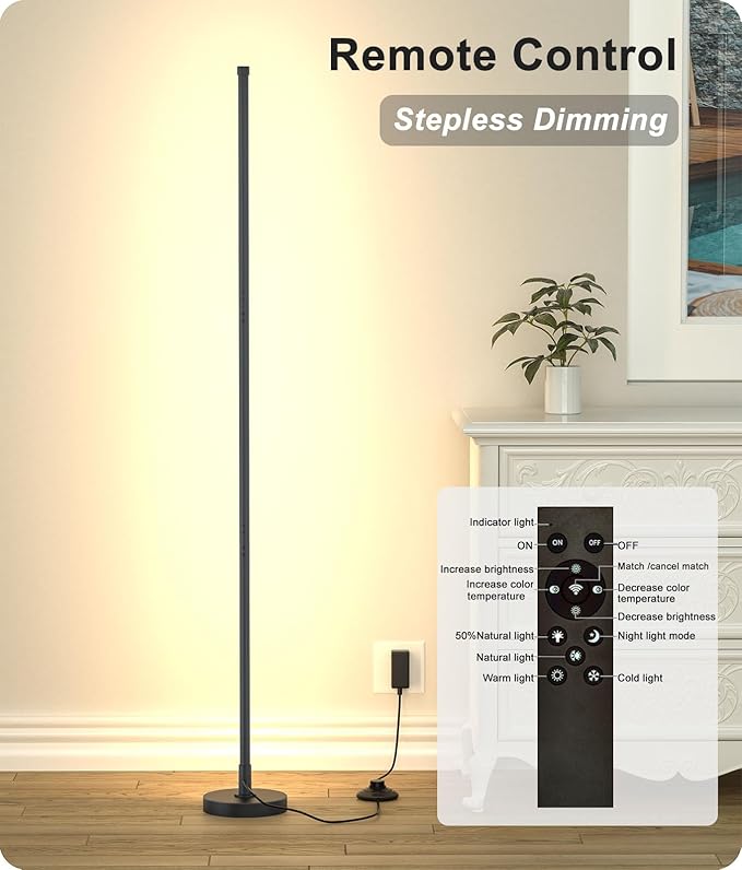 Corner Lamp, Minimalist LED Lamp with Remote Control, Dimmable Corner Light, Corner Floor Lamp Perfect for Living Room, Bedroom, Home Office, 7 Color Temperature 3000K-6000K (Black, 1 Pack)