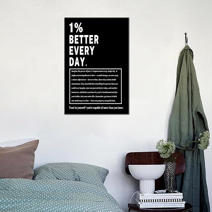 Motivational Wall Art 1% Better Every Day Inspirational Office Decor Framed Canvas Print Small Workout Poster for Home Gym Growth Mindset Sign Positive Daily Affirmation Decor [12''Wx18''H]