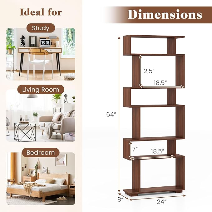 Giantex 6-Tier Geometric Bookshelf, S-Shaped Bookcase with 2 Anti-Tipping Kits, Wooden Display Shelf, Decorative Storage Shelving Unit, Home Storage Organizer for Office Living Room (1, Walnut)