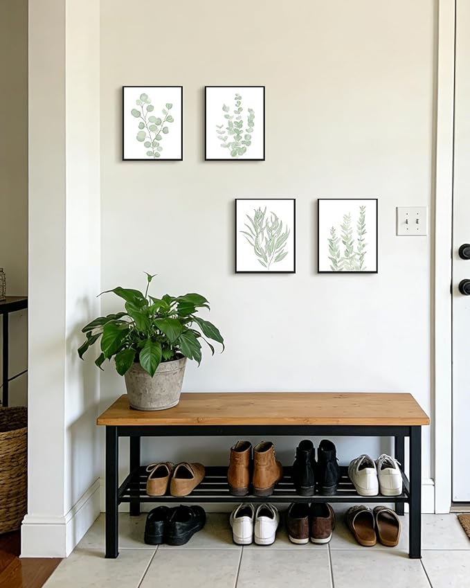 Drsoum Framed Botanical Plant Canvas Wood Wall Art Light Green Sage Wall Decor Eucalyptus Leaf Picture for Home 8”x 10” x 4pcs Black Framed