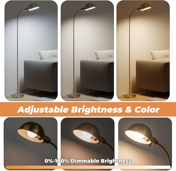 Dimmable Floor Lamp with Remote, Color Temperatures and Brightness Adjustable, Flexible Floor Lamp with Rotating Head, Modern Style Standing Tall Lamp, E26 Socket (Gold-Remote)