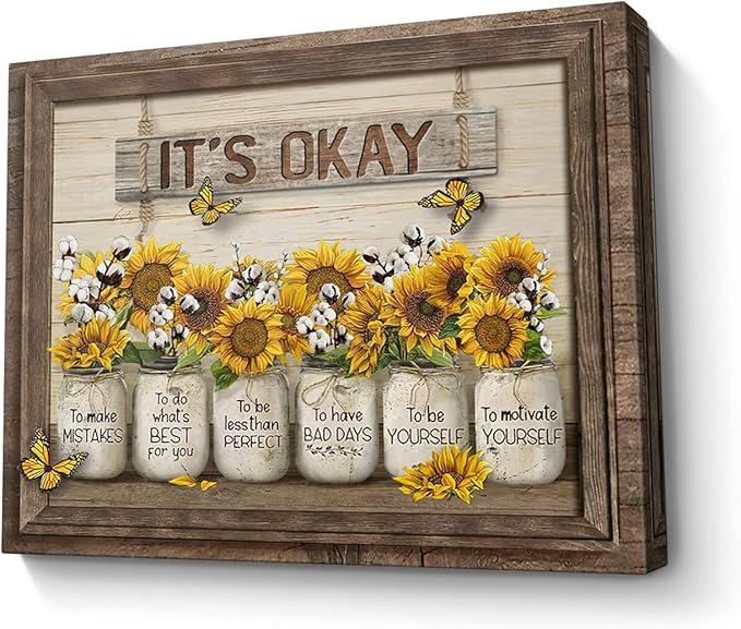 Parylore Sunflower Wall Art Canvas Print Wall Decor It'S Okay Quotes Inspirational Painting Framed Modern Artwork for Living Room Bedroom Bathroom Office Home Decor 12x16 In