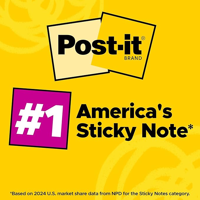Post-it Super Sticky Notes, 15 Sticky Note Pads, 3 x 3 in, School Supplies, Office Products, Notes for Vertical Surfaces, Monitors, Walls and Windows, Assorted Colors