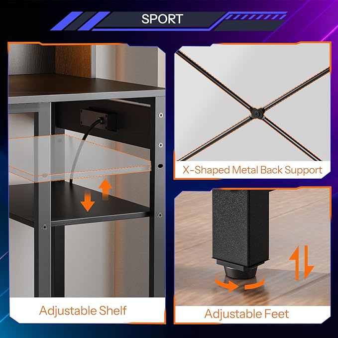 HOOBRO Computer Desk, Small Gaming Desk with LED and Outlets, Home Office Desk with Monitor Stand and Adjustable Shelf, Computer Desk with CPU Stand for Home Office, Small Space, Black BB100UDDN01