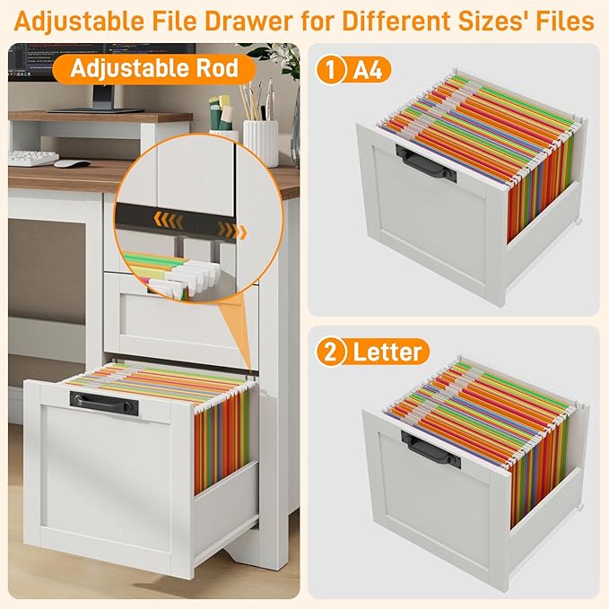 Farmhouse 47.2” Computer Desk with Adjustable File Drawer, 3 Drawers Reversible Executive Desk with PC Case Stand & Movable Monitor Stand , Workstation for Home Office, Study, Writing,(Unique White)