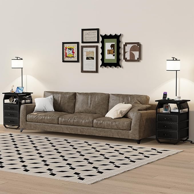 Floor Lamp with Table Set of 2, End Tables with Lamps Attached 3-Color Temperature Bulb, Side Table with Lamp with 3 Drawers & Charging, Lamps Tables Combo for Bedroom, Dorm - Black