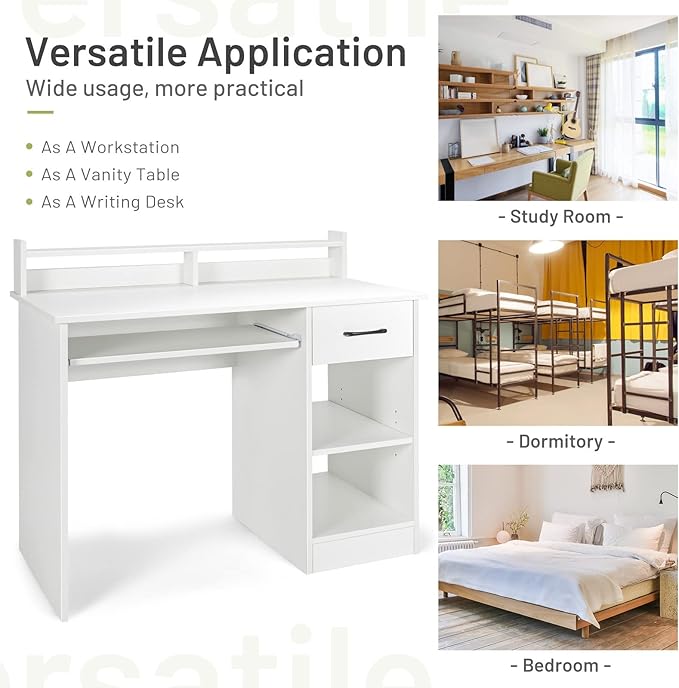 IFANNY Wooden Computer Desk, White Home Office Desk w/Drawers, Keyboard Tray, Open Shelves & Monitor Stand, Modern Writing Desk, Compact Computer Desk for Small Spaces (White)