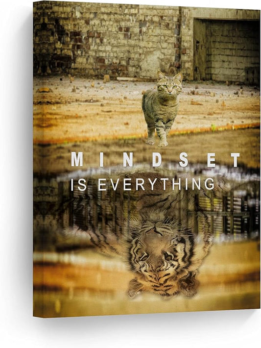 Smile Art Design Mindset is Everyting Cat and Reflection is Tiger Motivational Wall Art Canvas Print Inspirational Entrepreneur Quote Office Living Room Decor Gift Ready to Hang 40x30