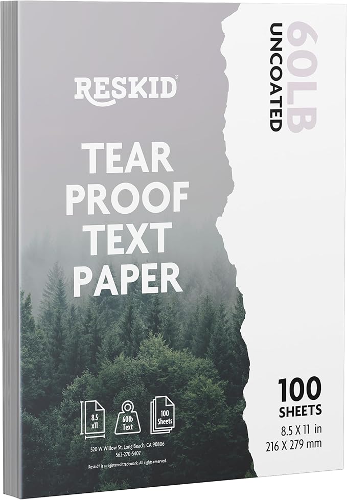 Reskid Tear Resistant Paper - 8.5x11in, 100 Sheets – Printable Like Paper