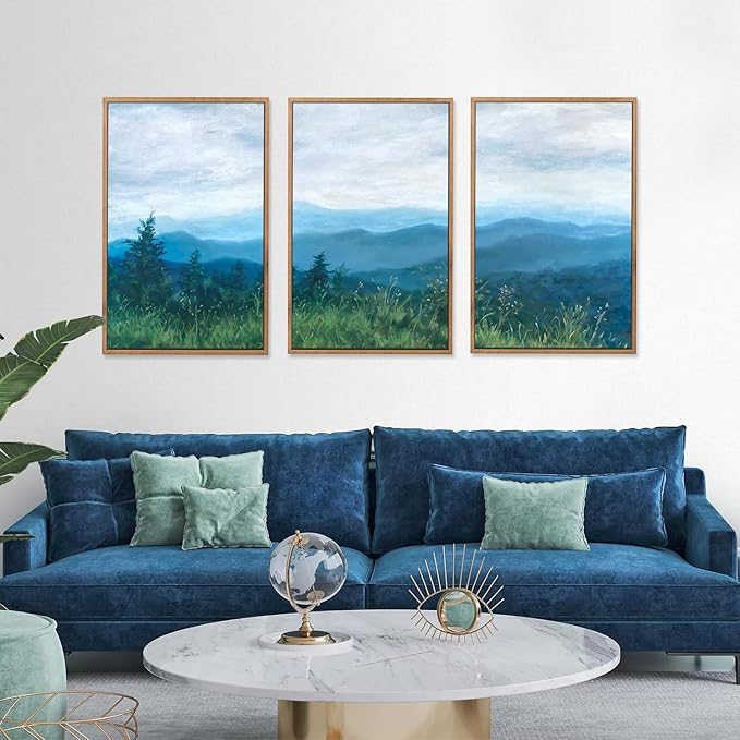 CHDITB Boho Blue Mountain Framed Wall Art Paintings(16"x24"), 3 Panels Blue White Sky Ridge Virginia Landscape Watercolor Canvas Artwork Printings, Large Modern Cloud Trees Nature Posters for Bedroom Living Room